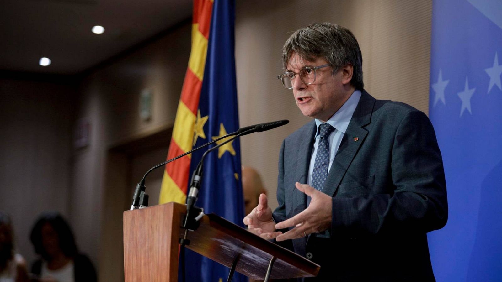 Carles Puigdemont interviene en una conferencia el 5 de septiembre de 2023 en Bruselas