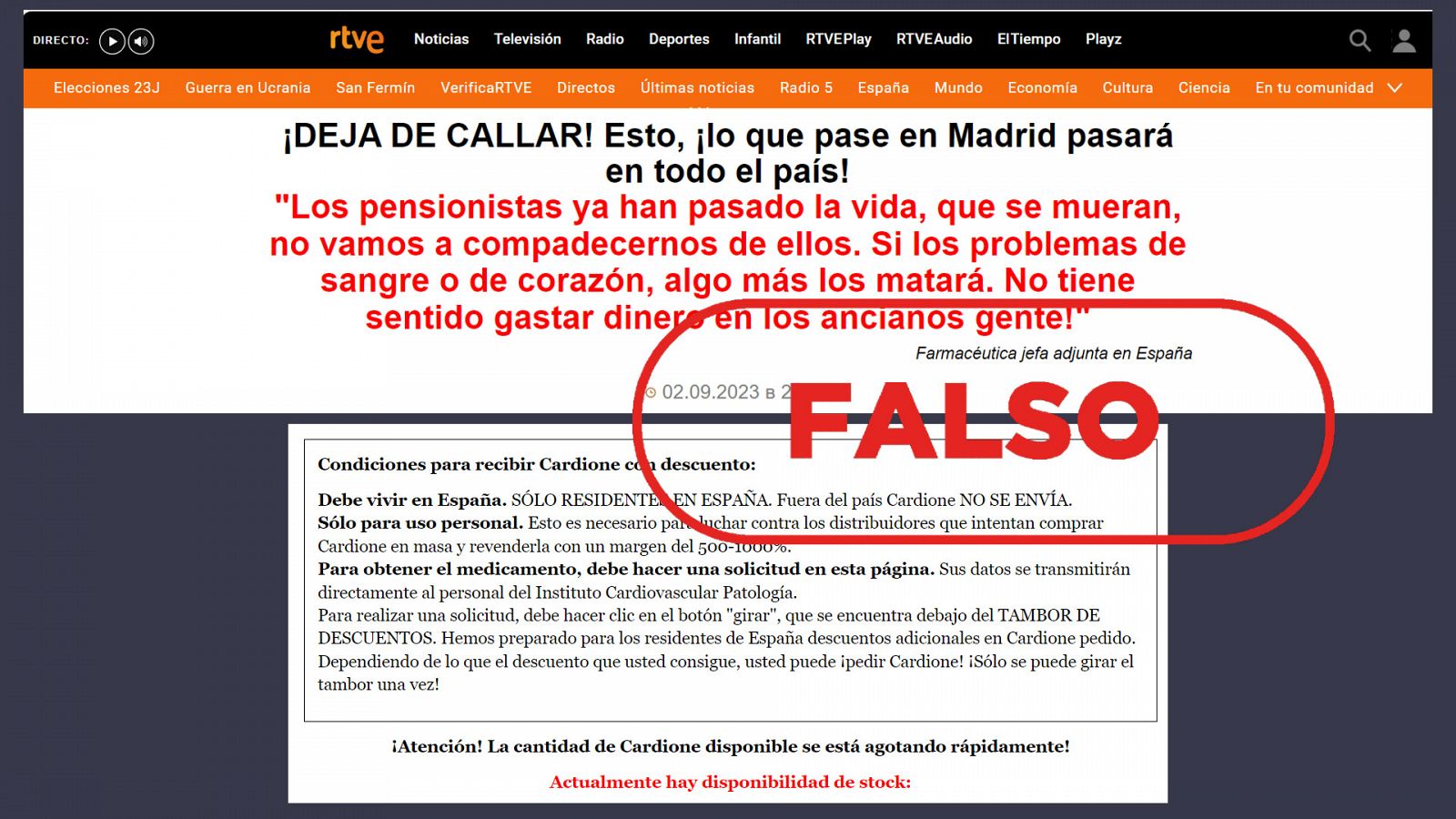 Página web que suplanta el portal de RTVE.es para promocionar la venta de un falso remedio que promete acabar con los problemas cardiacos, con el sello Falso de VerificaRTVE en rojo