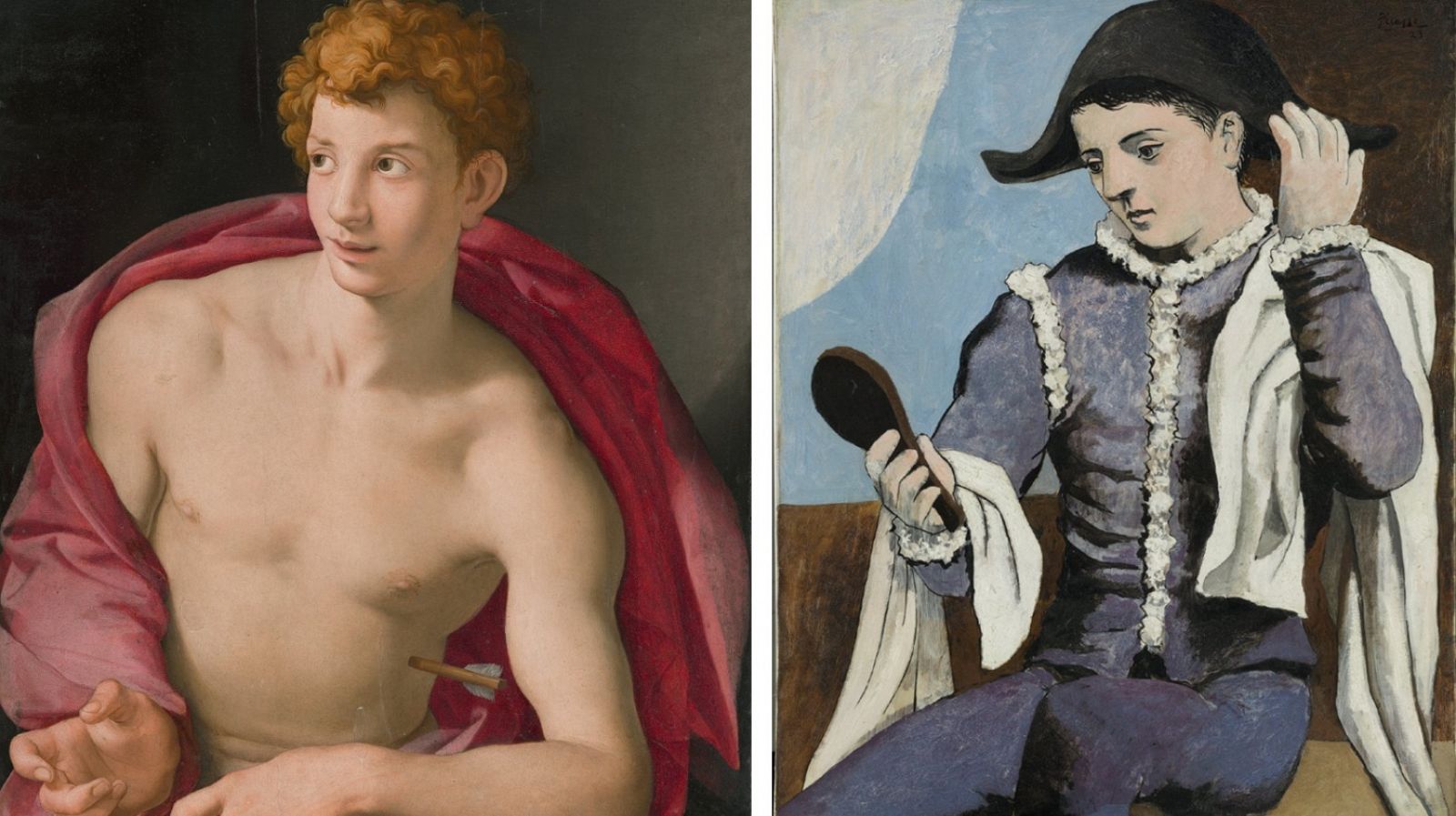 'Retrato de un joven como San Sebastián', 1533. Agnolo Bronzino (izq). 'Arlequín con espejo', 1923, Picasso (dcha)