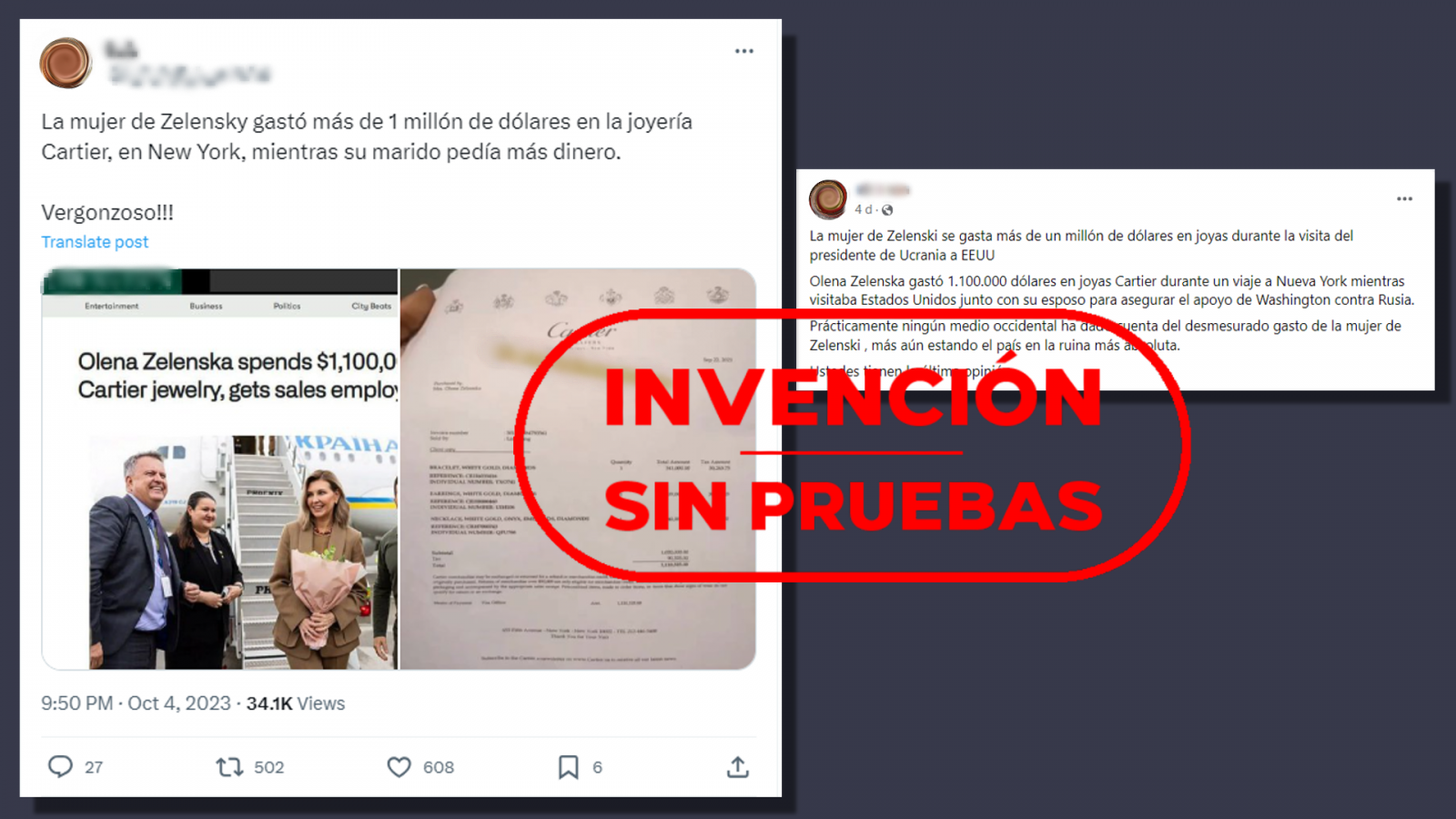 Mensajes de redes sociales que afirman sin pruebas que la esposa de Zelenski se ha gastado un millón de dólares en joyas. Con el sello invención sin pruebas de VerificaRTVE en color rojo