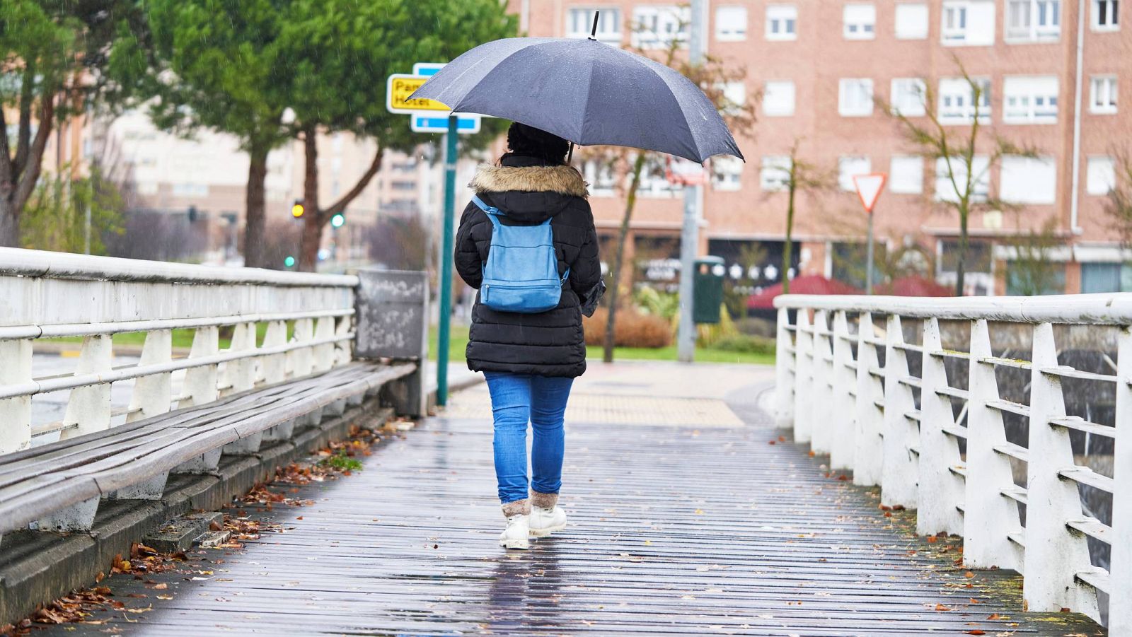 Una mujer camina de espaldas bajo un paraguas sobre un puente con el suelo mojado y edificios al fondo.