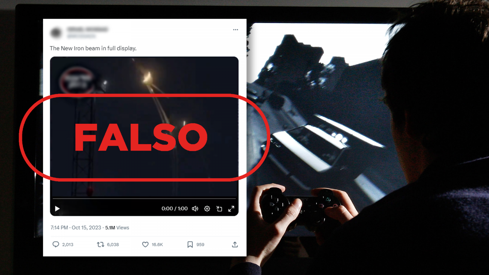 Desinformación Israel-Hamás: Mensaje que difunde un videojuego como si mostrara el rayo láser que quiere utilizar Israel contra Hamás, con el sello Falso en rojo de VerificaRTVE.