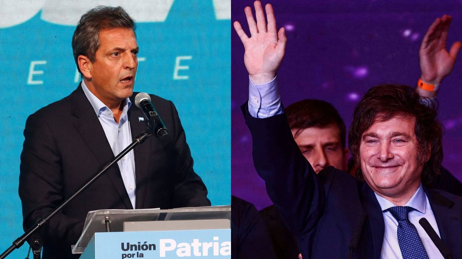 Imagen de Sergio Massa y Javier Milei, candidatos a las presidenciales en Argentina. Foto: REUTERS/Mariana Nedelcu. REUTERS/Matias Baglietto.