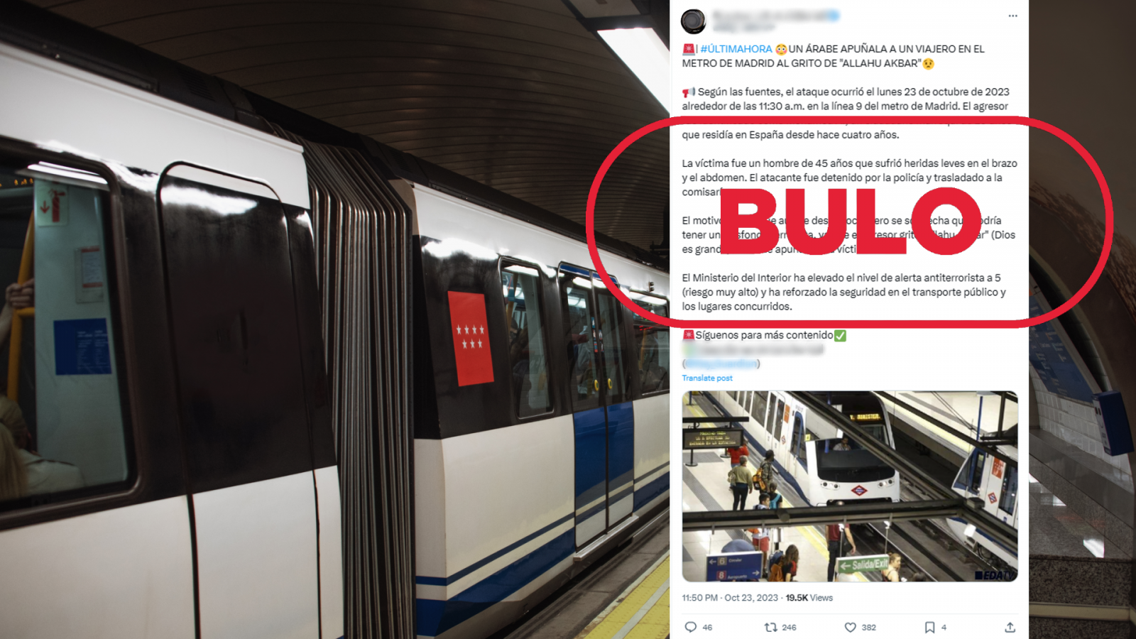 Apuñalamiento metro de Madrid: mensaje de redes que difunde el bulo del apuñalamiento al grito de "Alá es grande", con sello Bulo en rojo de VerificaRTVE