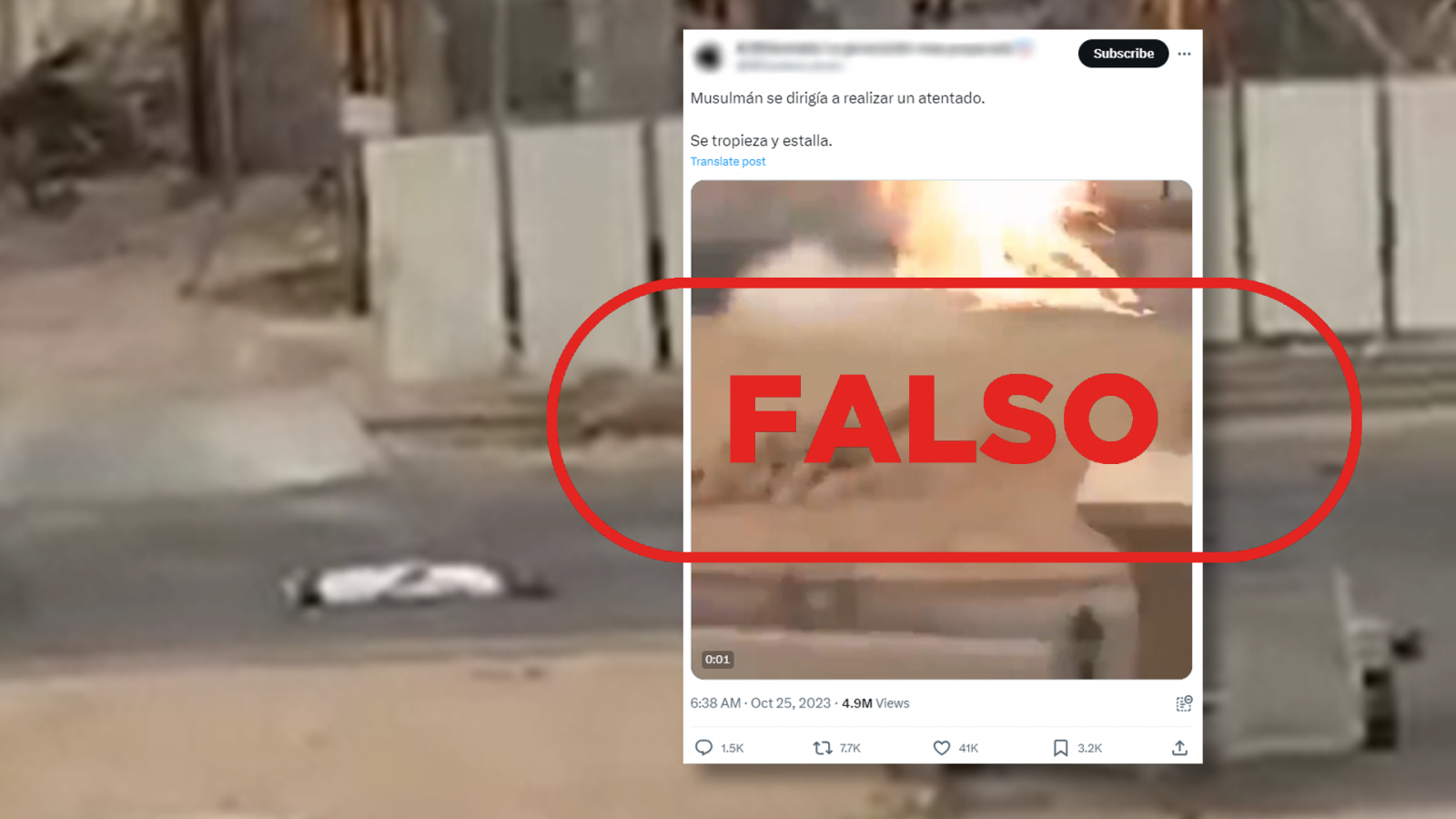 Explosión al tropezar: mensaje viral de X que comparte el vídeo de un hombre que "explota" al caer al suelo, con sello Falso en rojo de VerificaRTVE.