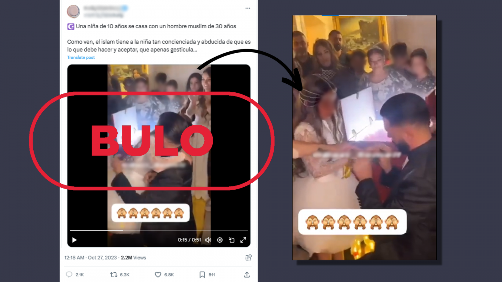 Matrimonio infantil: mensaje que difunde el bulo de que este vídeo muestra la boda de un musulmán con una menor, con el sello Bulo de VerificaRTVE en rojo