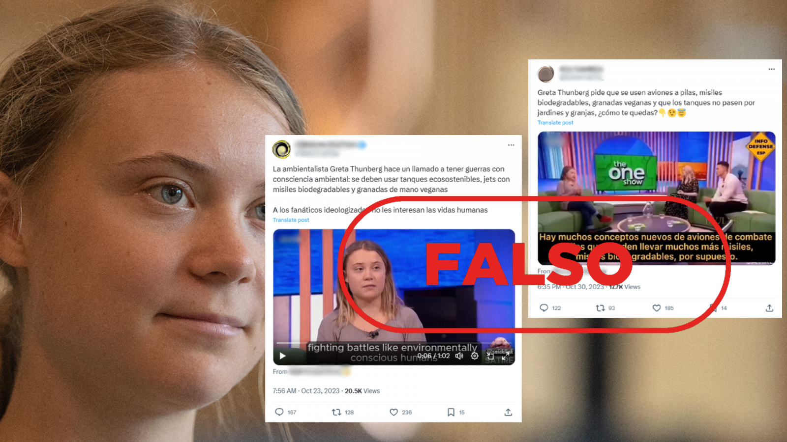 Greta Thunberg: comparten un montaje de la activista para difundir una falsedad, con el sello Falso en rojo de VerificaRTVE