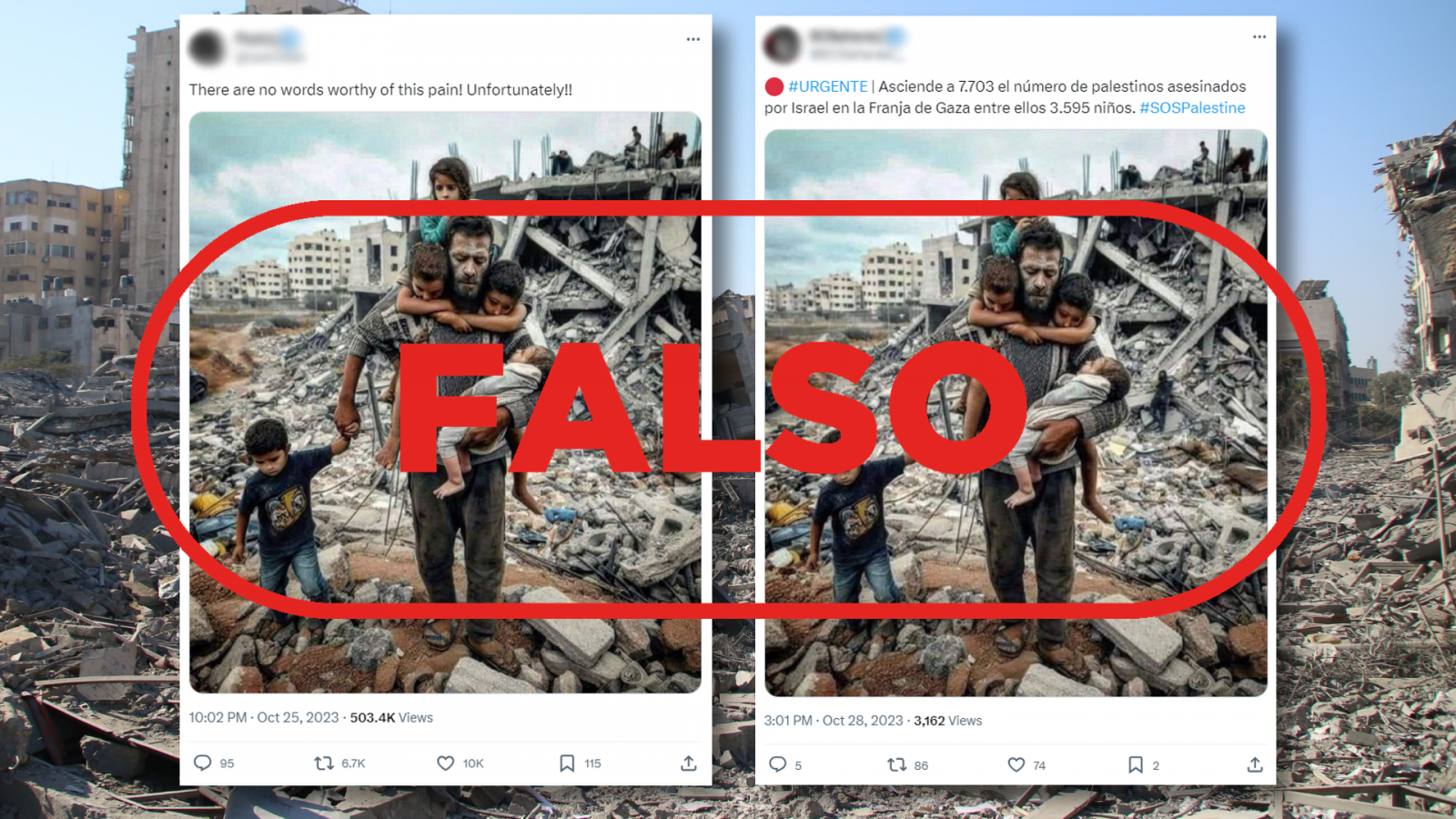 Guerra de Israel en Gaza: Difunden una fotografía creada con Inteligencia Artificial (IA) que se presenta como si fuera real con sello Falso en rojo de VerificaRTVE.