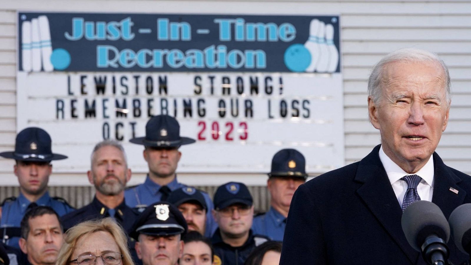 Una imagen del presidente de Estados Unidos, Joe Biden, durante su visita a Lewiston, Maine.