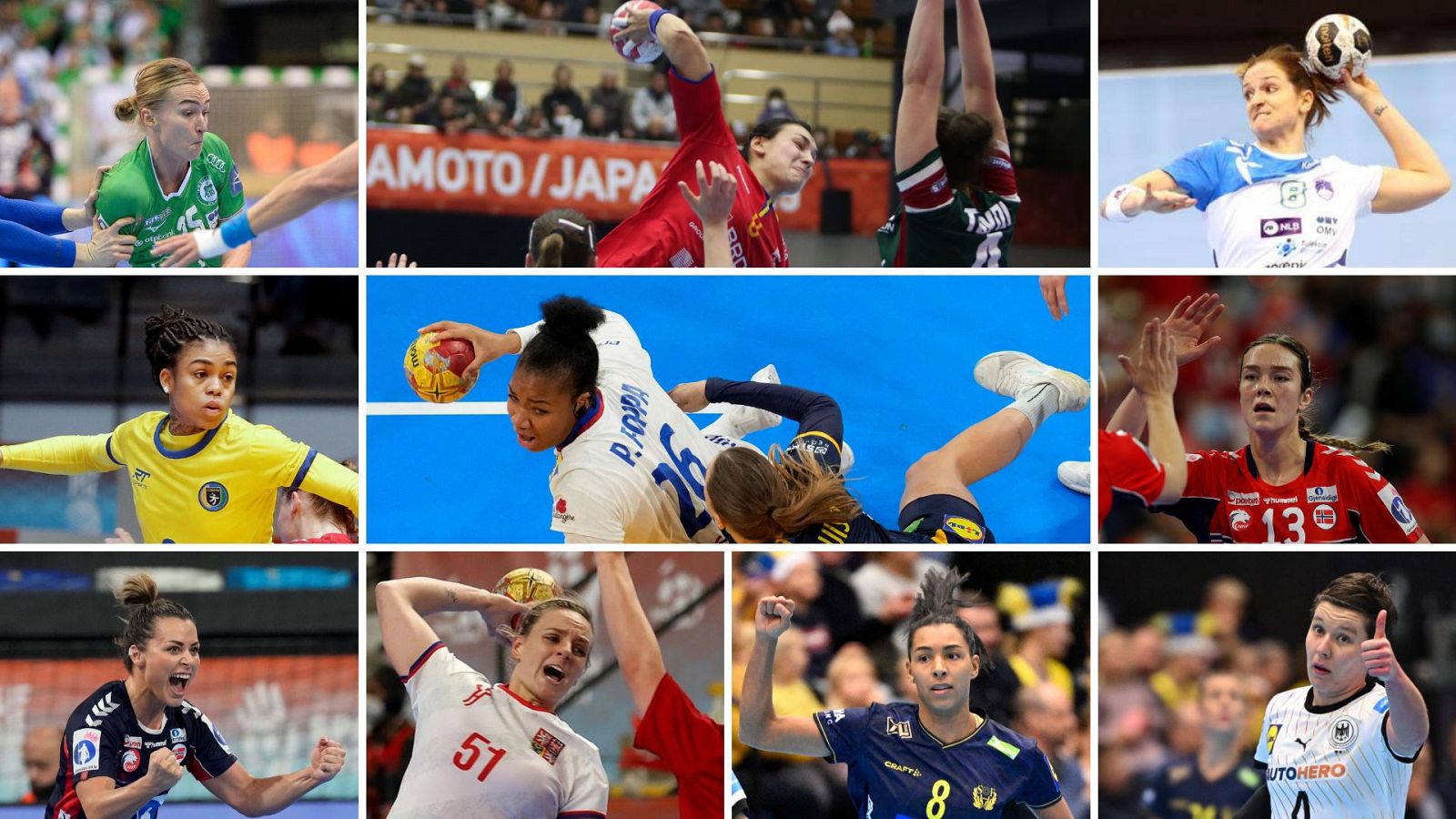 Algunas de las mejores jugadoras de balonmano del mundo: Stine Oftedal, Cristina Neagu, Ana Gros, Bruna de Paula, Kari Brattset, Nora Mork, Marketa Jerabkova, Jamina Roberts y Alina Grijseels (de izquierda a derecha y arriba abajo).