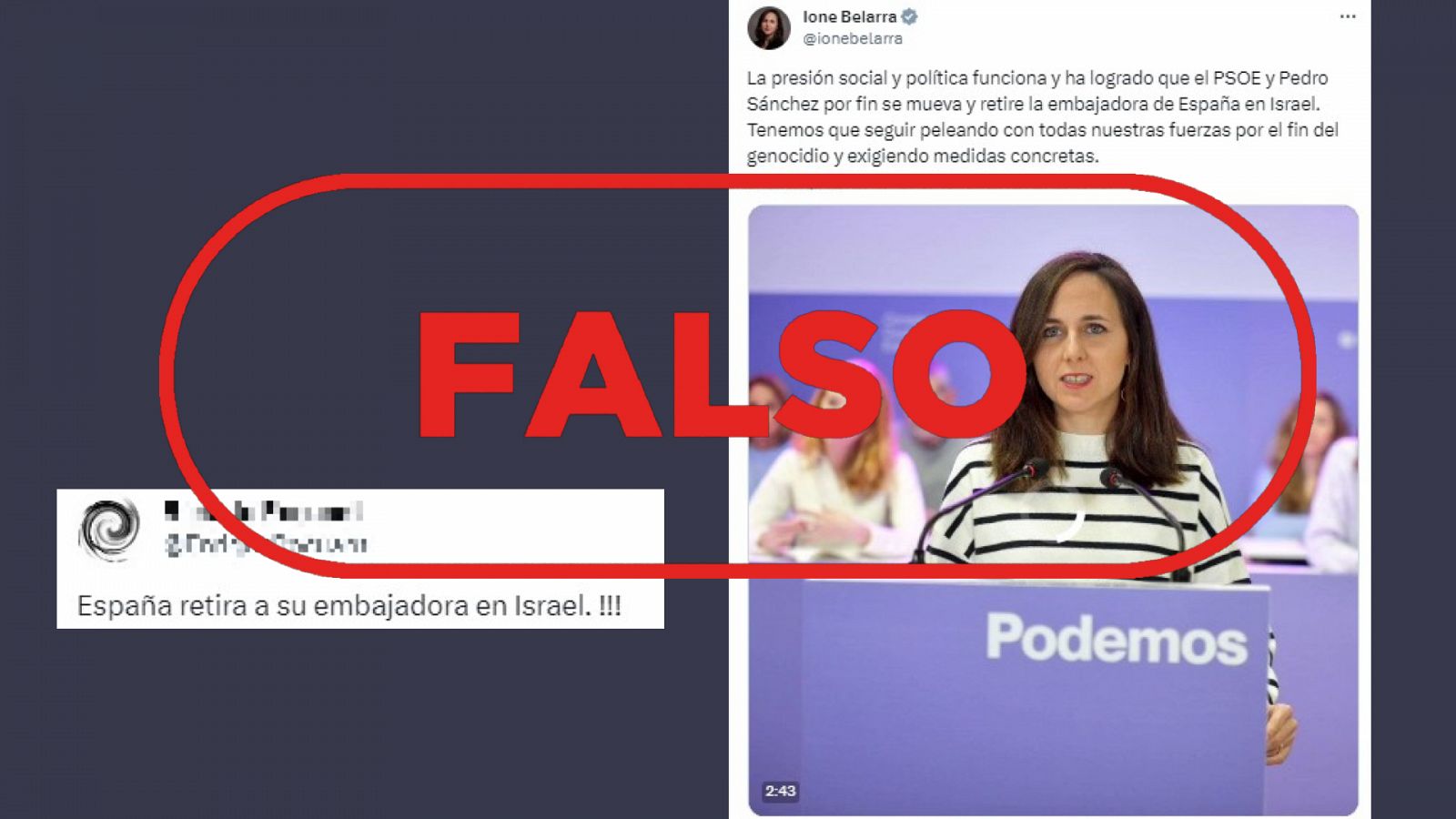 El Gobierno no ha retirado a la embajadora de España en Israel como aseguran estos mensajes en redes sociales. Con el sello falso en color rojo