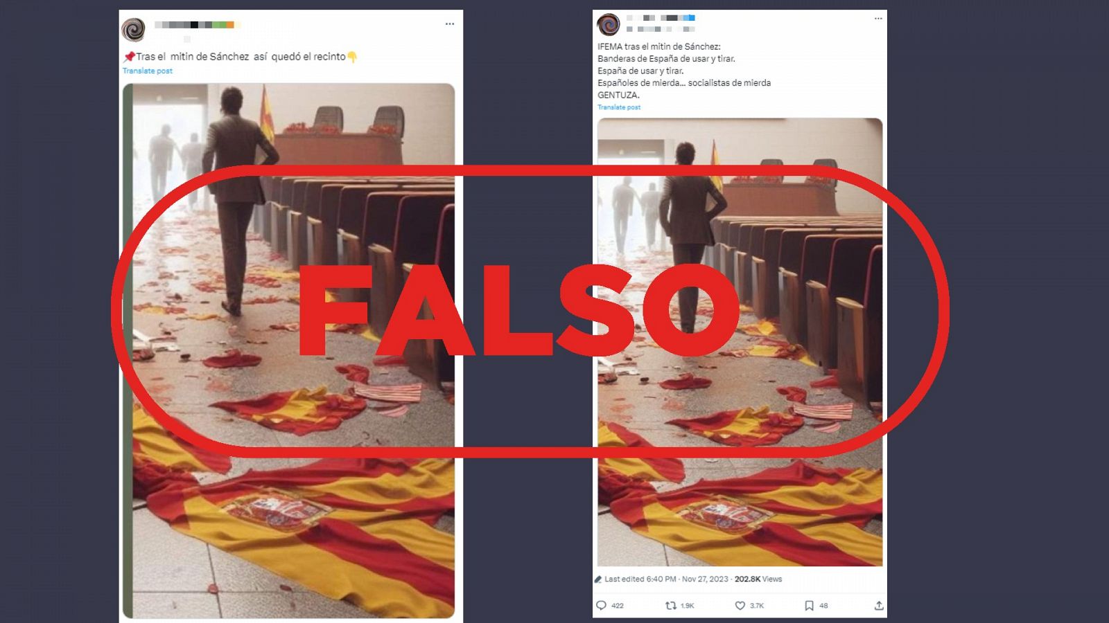 Esta foto no muestra Ifema tras el acto de Pedro Sánchez, es una imagen generada con IA con sello Falso en rojo