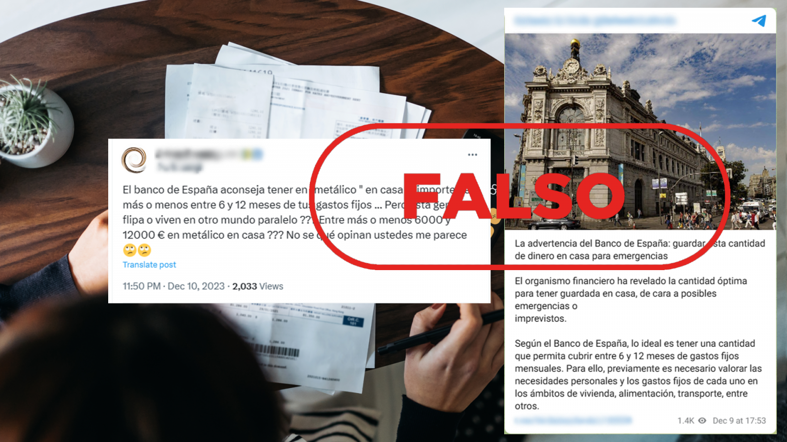 Banco de España: Mensajes de redes que difunden la falsa idea de que aconseja guardar en casa dinero en efectivo para emergencias, con el sello Falso en rojo