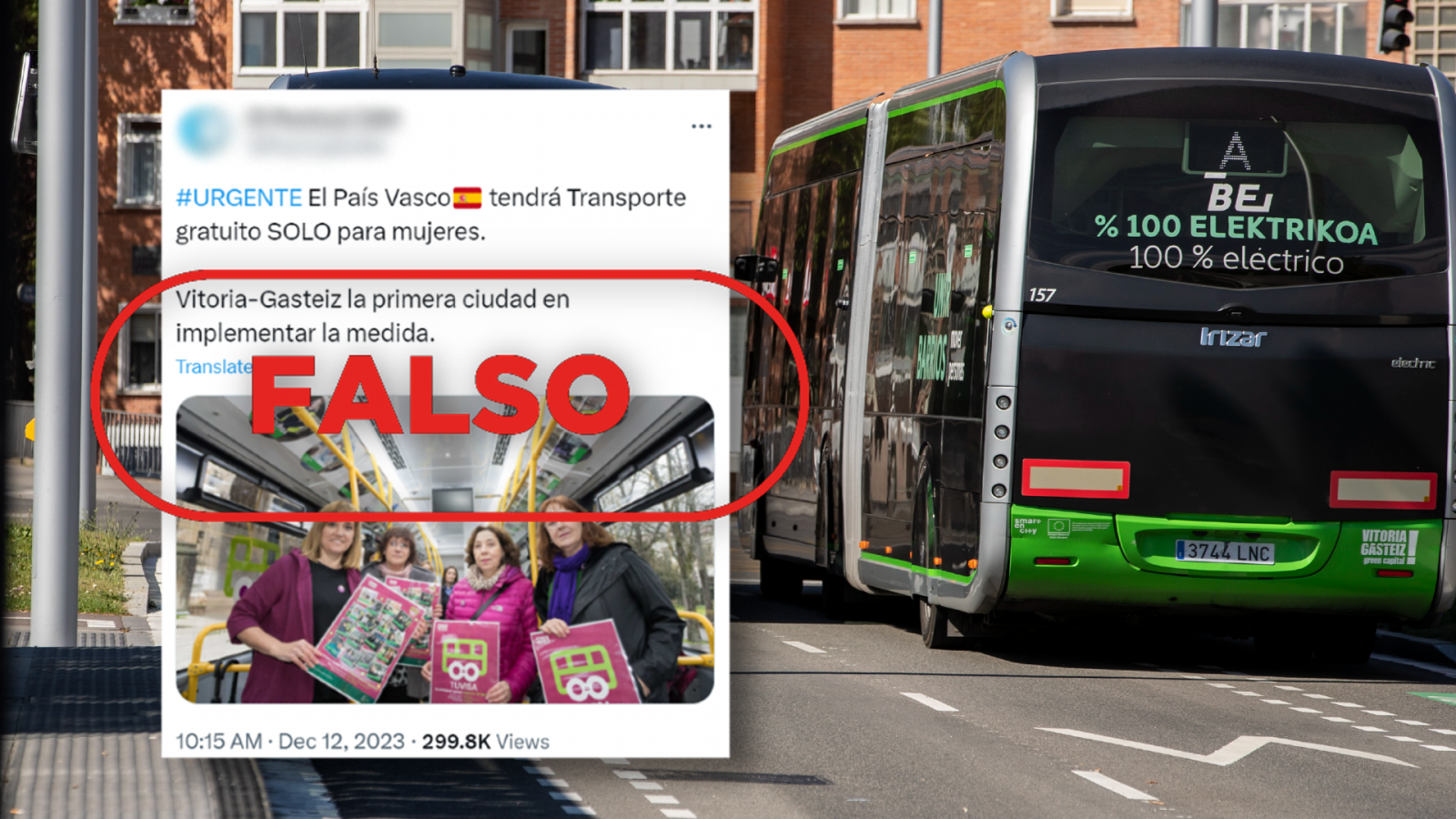 Transporte público gratuito: es falso que el País Vasco haya anunciado esta medida solo para mujeres, con el sello Falso en rojo de VerificaRTVE