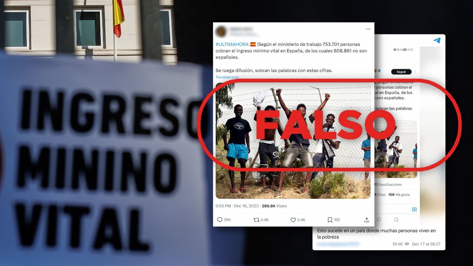 Ingreso Mínimo Vital (IMV) en España: es falso que 608.861 de las 753.701 personas que lo cobran sean migrantes, con el sello Falso en rojo de VerificaRTVE