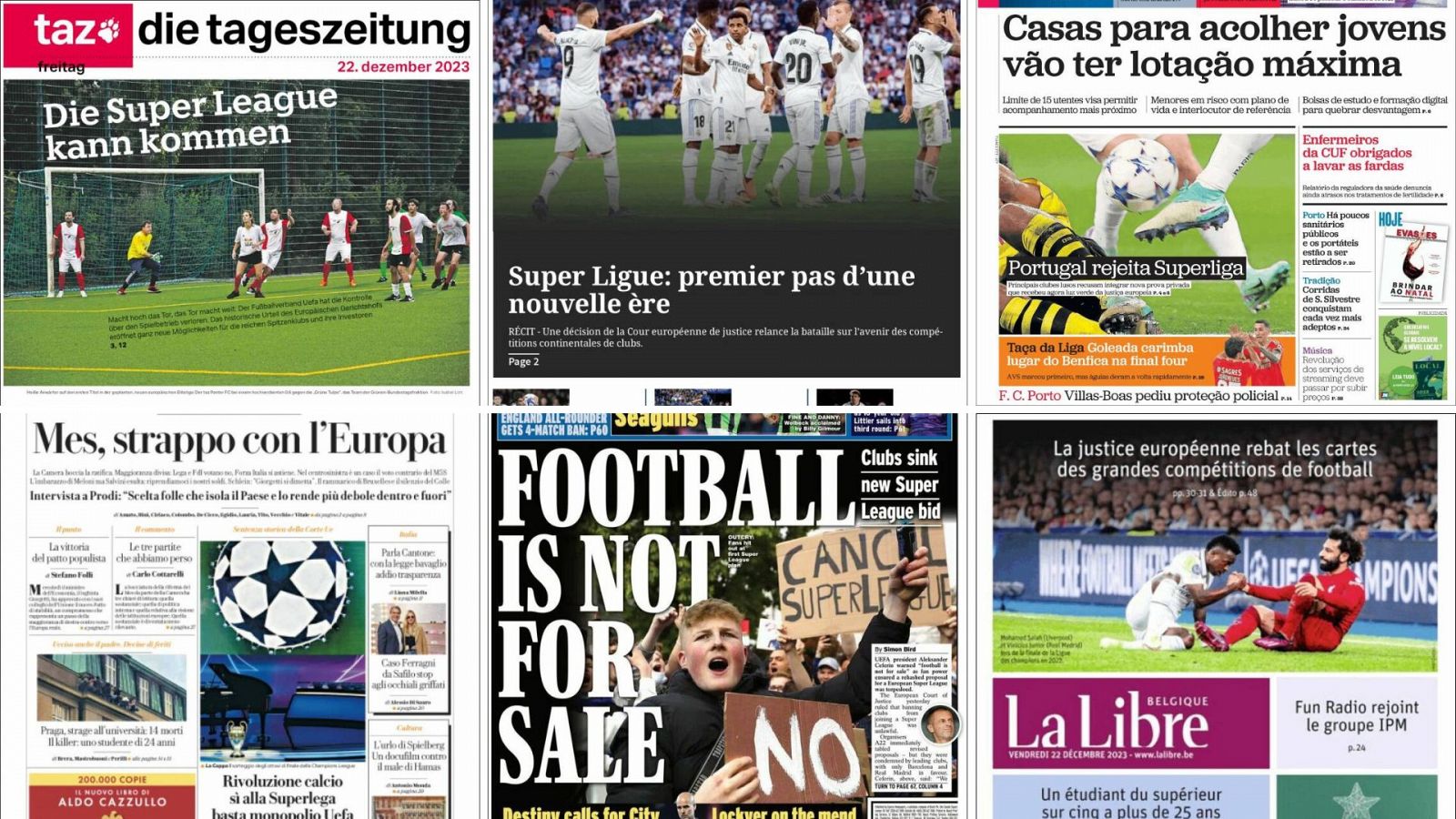 Fotomontaje de la portada de varios diarios europeos sobre la Superliga.
