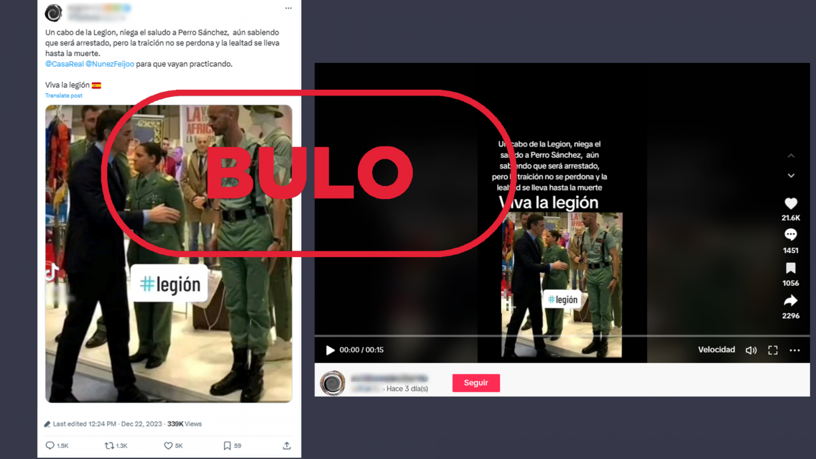 Fitur 2020: Vuelve a circular el bulo de que un legionario negó el saludo a Pedro Sánchez, con el sello Bulo de VerificaRTVE en rojo