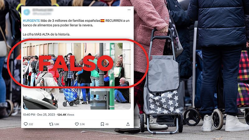 Bancos de Alimentos en España: No hay más de 3 millones de familias que recurran a ellos, con el sello Falso en rojo de VerificaRTVE