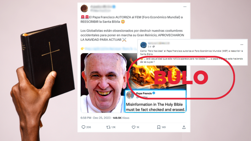 Foro Económico Mundial: Vuelve a circular el bulo de que el papa Francisco autoriza a la institución económica a reescribir la Biblia, con el sello Bulo de VerificaRTVE en rojo