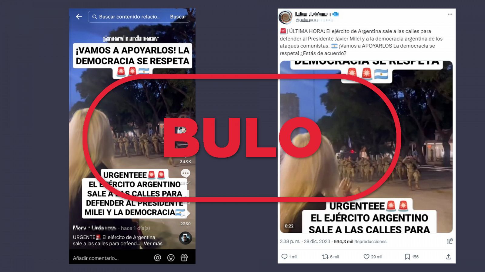 Este vídeo no muestra al Ejército 'saliendo a defender a Milei y la democracia argentina', con el sello Bulo en color rojo