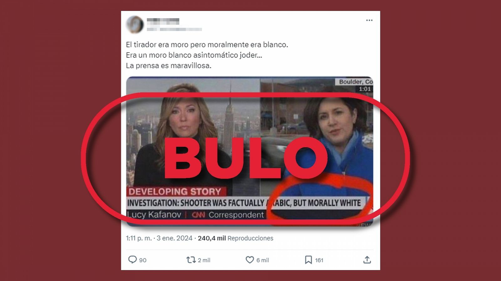 Montaje fotográfico: difunden una imagen de los informativos de la CNN manipulada con un rótulo falso, con sello Bulo en rojo