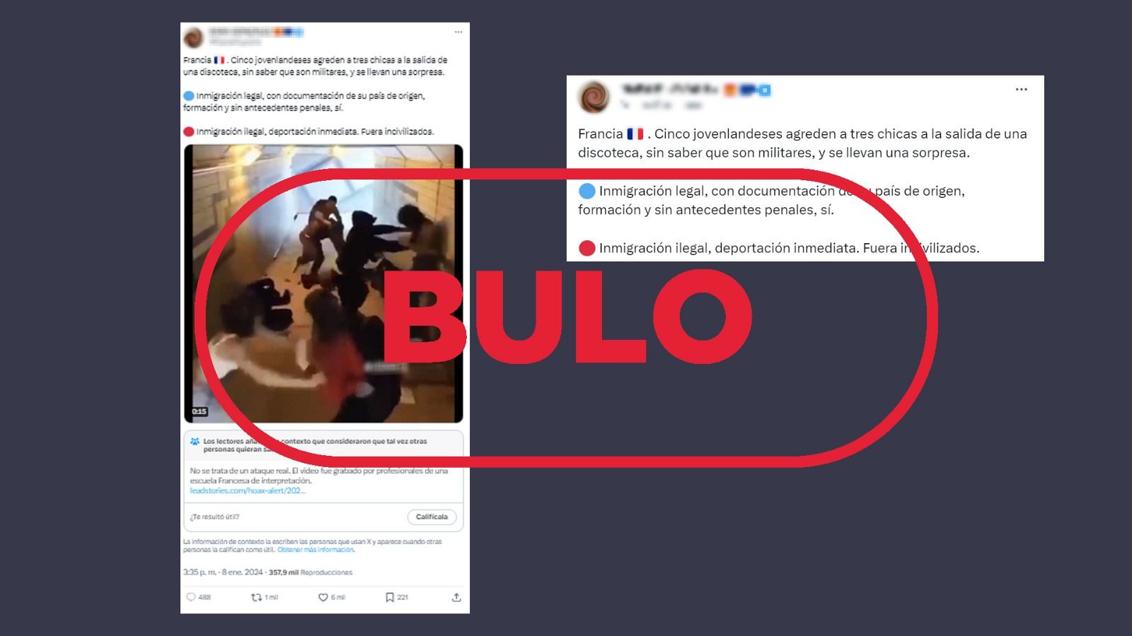 No son migrantes agrediendo a mujeres en Francia, es una recreación grabada por alumnos de interpretación. Con el sello Bulo en rojo