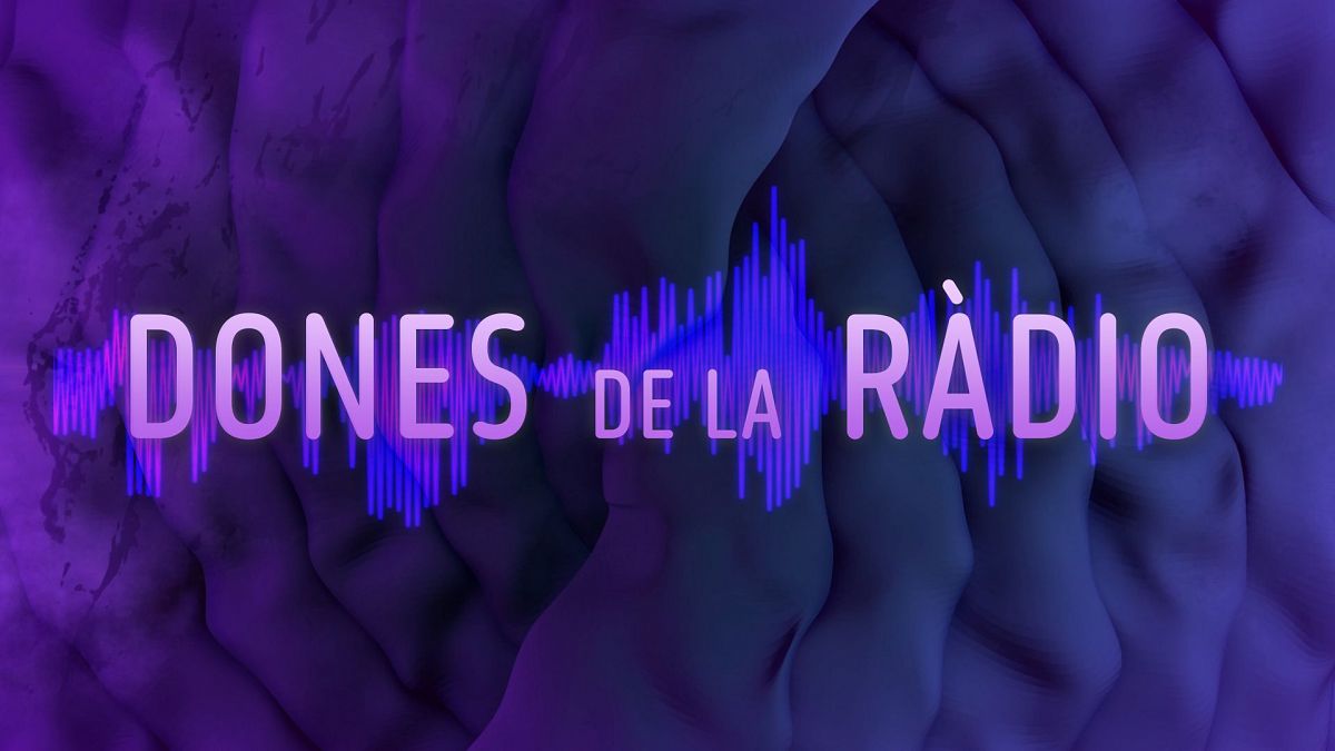 Título en rosa claro sobre fondo abstracto con textura de ondas sonoras y una onda estilizada azul/violeta que lo cruza.  Promocional del documental "Dones de la Ràdio".