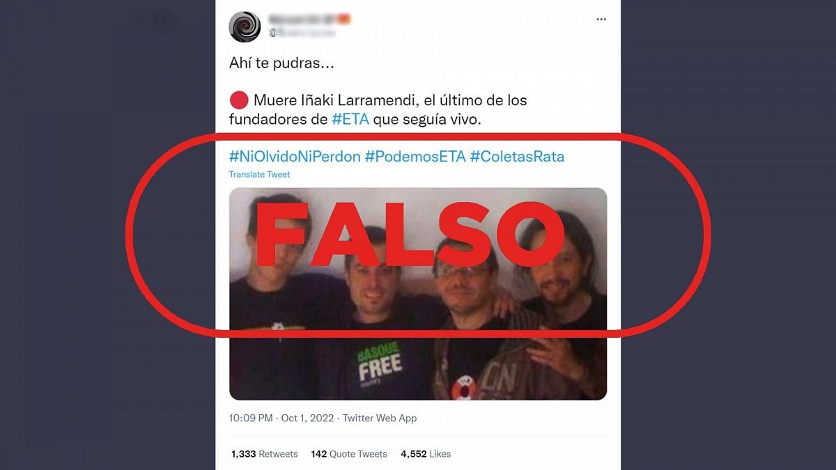 Mensaje de Twitter que difunde la falsa idea de que uno de los fotografiados es Iñaki Larramendi, con el sello 'Falso' en rojo