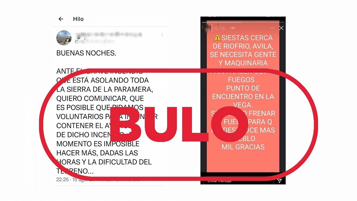 Mensajes que piden voluntarios para el incendio de Ávila. Sello BULO.