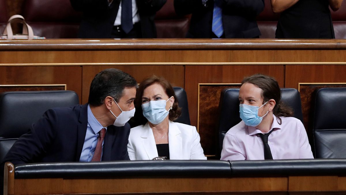 Pedro Sánchez junto a Carmen Calvo y Pablo Iglesias