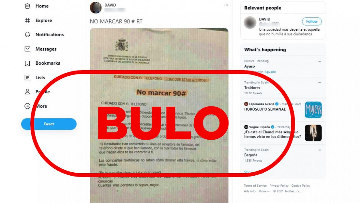 Detalle de la captura con la foto del falso aviso de la Policía y el sello de bulo.