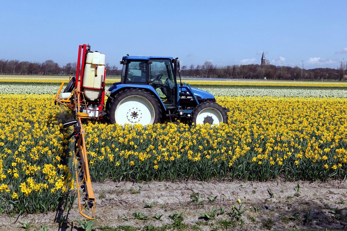 Un tractor fumigando con insecticida un campo.
