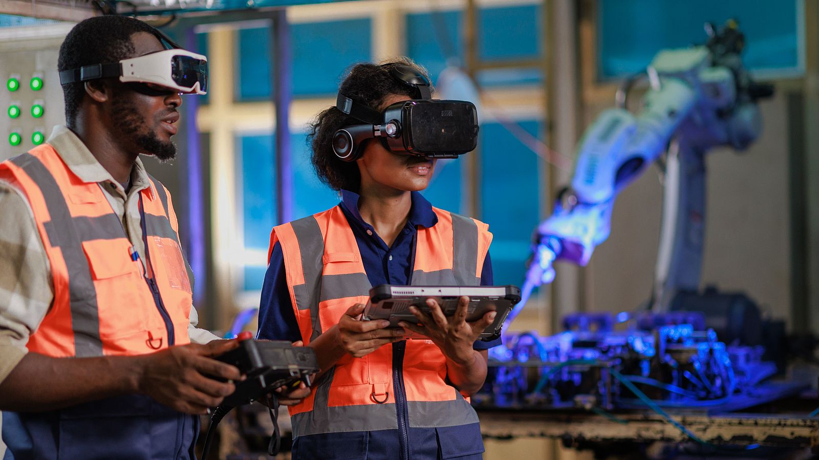 Dos ingenieros usan gafas de realidad virtual para controlar el brazo robótico de una línea de producción de una fábrica