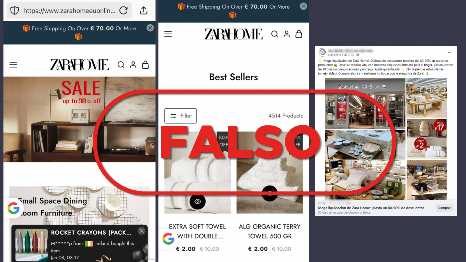 Estafa: Esta página web que anuncia grandes descuentos en Zara Home es falsa, con el sello Falso en rojo