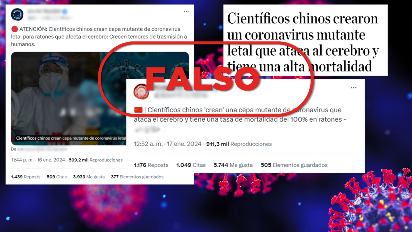 Coronavirus: difunden la falsa idea de que científicos chinos han creado una cepa mutante transmisible a humanos, con el sello Falso en rojo