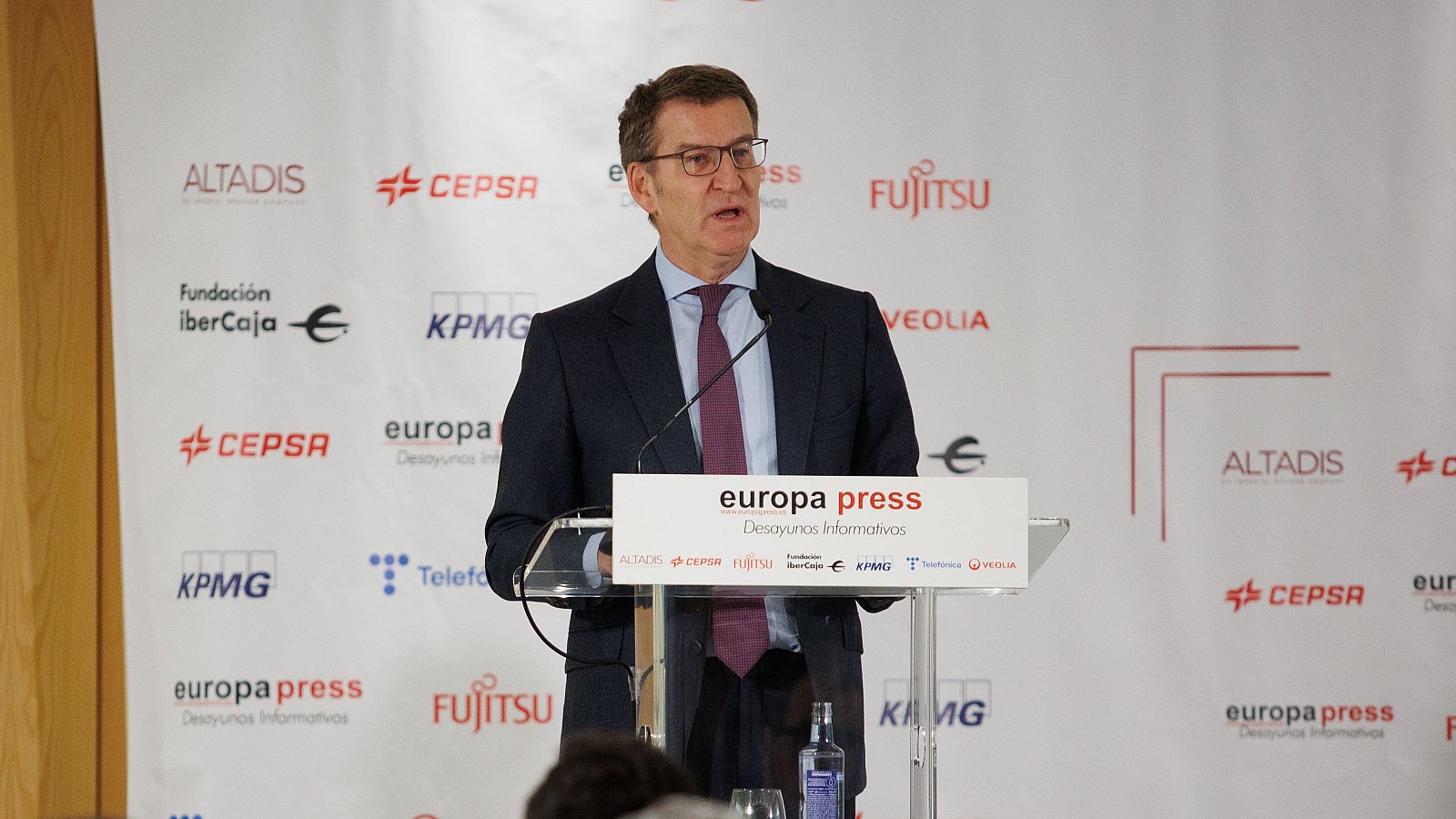 El presidente del PP, Alberto Núñez Feijóo, en un desayuno informativo de Europa Press.