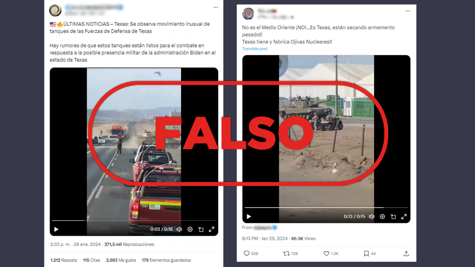 No son tanques desplegados contra Biden en Texas, es un vídeo antiguo en Chile, con el sello Falso en rojo