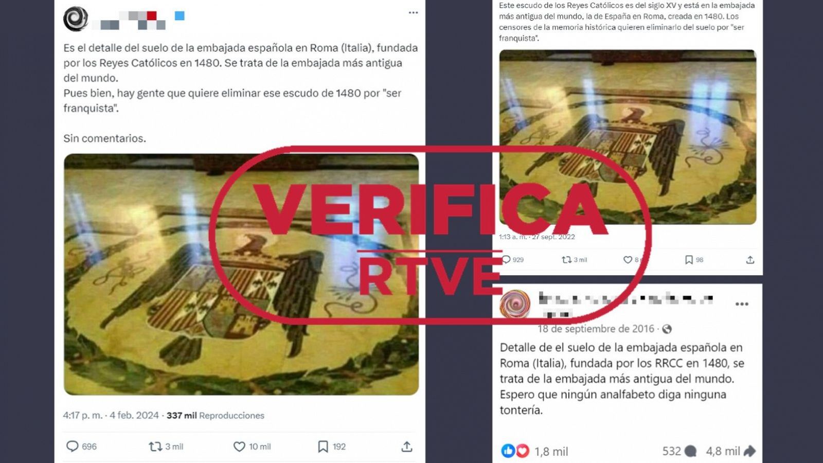 Es el escudo de los Reyes Católicos en la Embajada de España ante la Santa Sede, no un símbolo franquista con sello VerificaRTVE