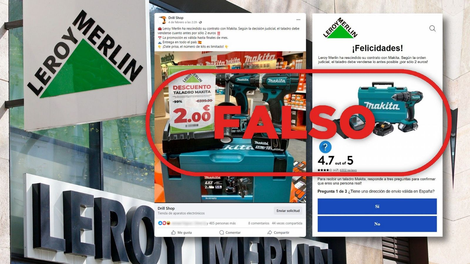 Fraude: Leroy Merlín no vende taladros por 2 euros, con el sello Falso en rojo de VerificaRTVE