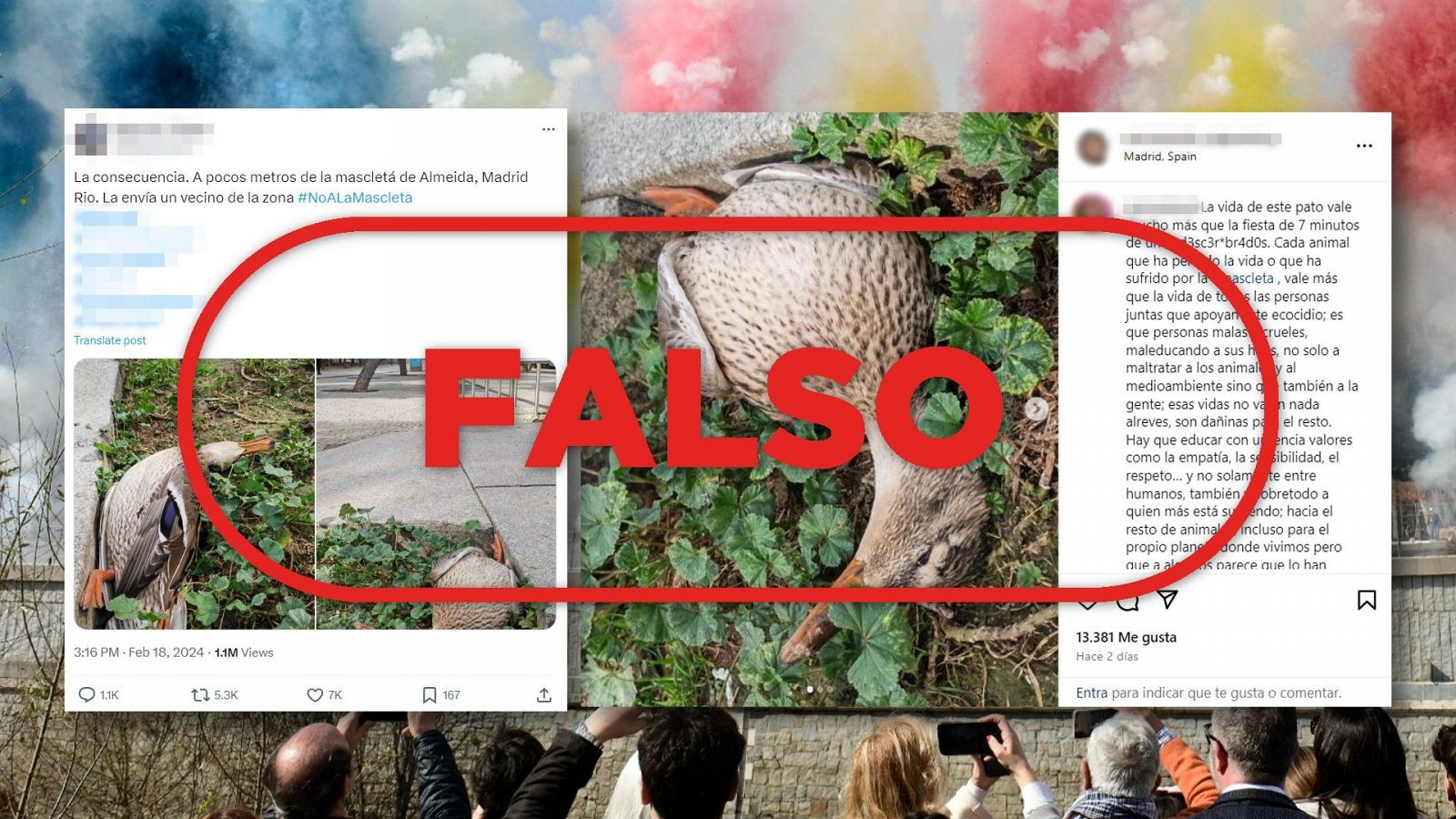 Este pato no ha muerto por la mascletá en Madrid, con el sello Falso en rojo de VerificaRTVE