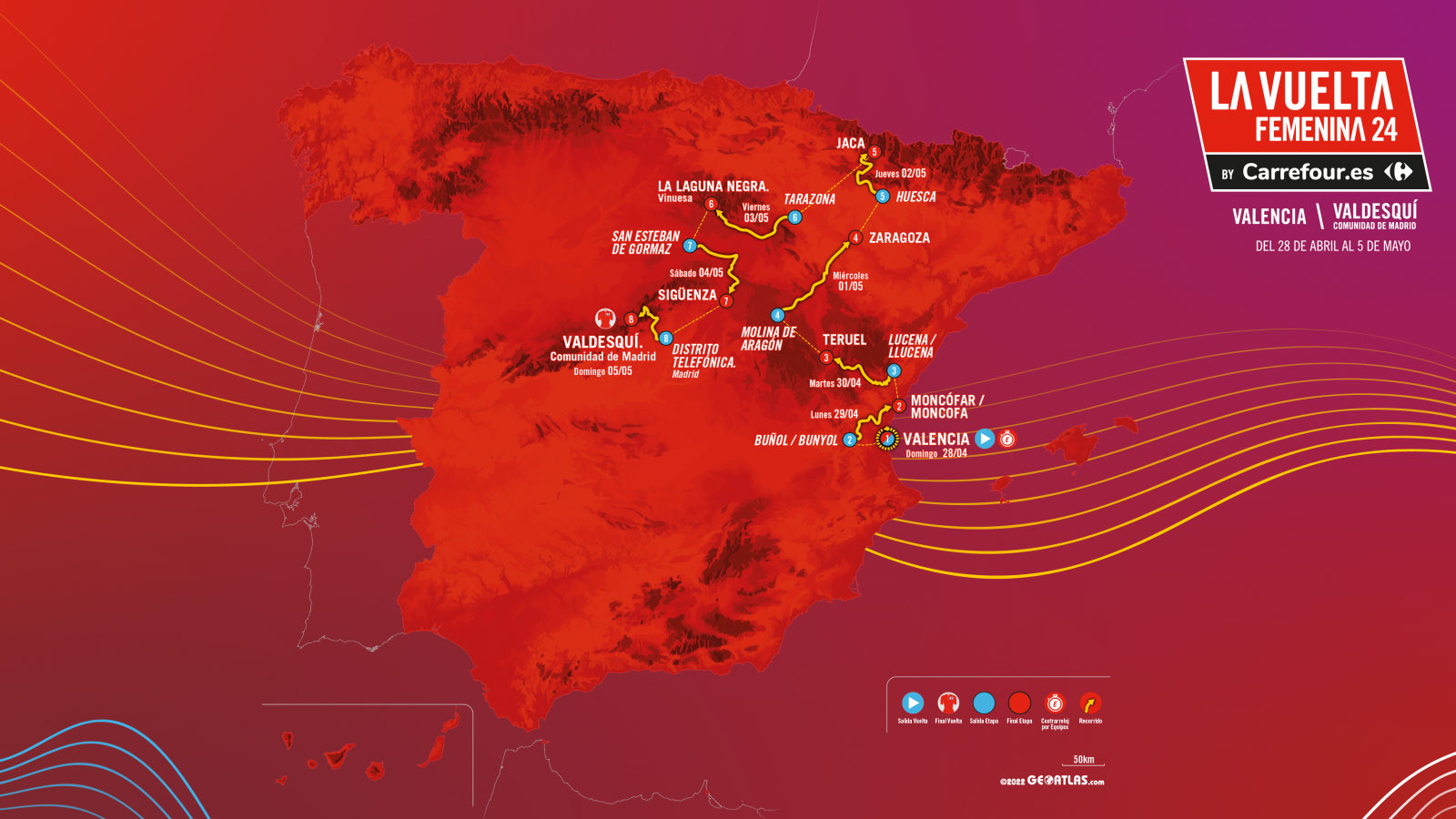Mapa del recorrido d ela Vuelta a España femenina 2024.