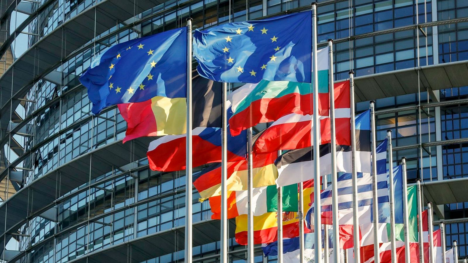 Banderas de los Estados miembro ondean frente al Parlamento Europeo en Estrasburgo, Francia