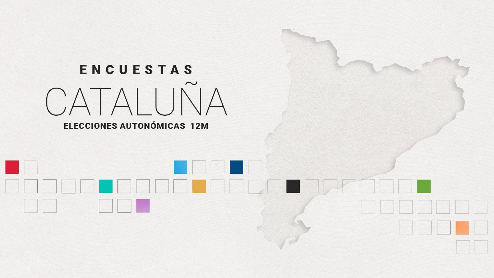 Silueta del mapa de Cataluña con símbolos cuadrados rellenos con los colores de los partidos para representar el posible reparto de escaños resultante del promedio de encuestas de RTVE.