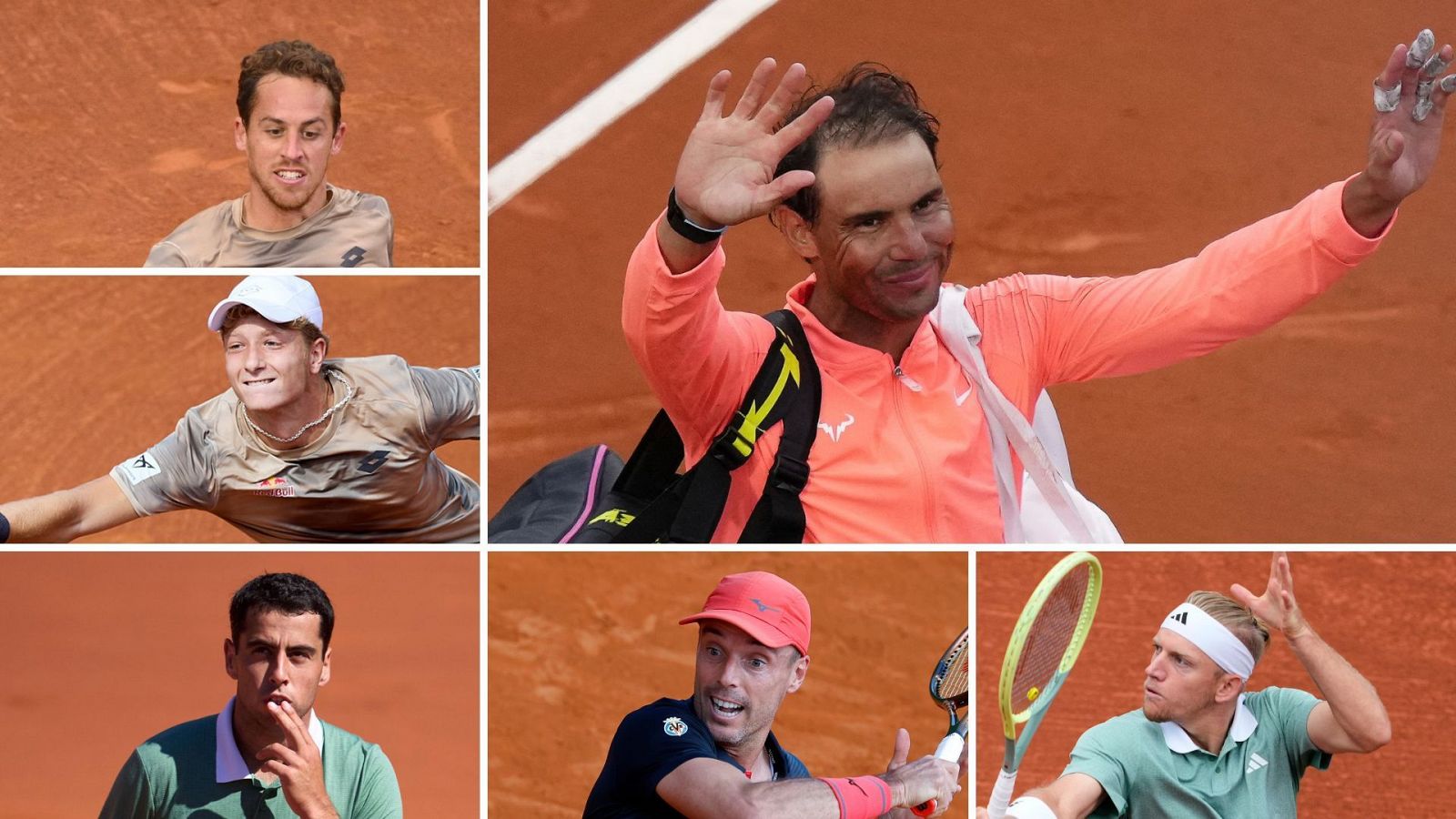 Fotocomposición de tenistas españoles eliminados en el torneo Godó 2024. En la imagen grande, Rafa Nadal. Y en las pequelas, de arriba abajo e izquierda a derecha, Carballés, Landaluce, Munar, Bautista y Davidovich