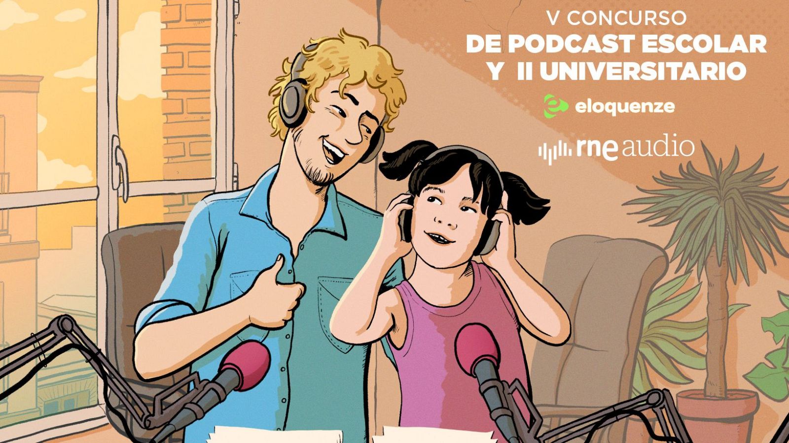 Cartel Concurso Podcast Ilustración de un concurso de podcast escolar y universitario, con niños grabando y logos de eloquenze y RNE Audio.