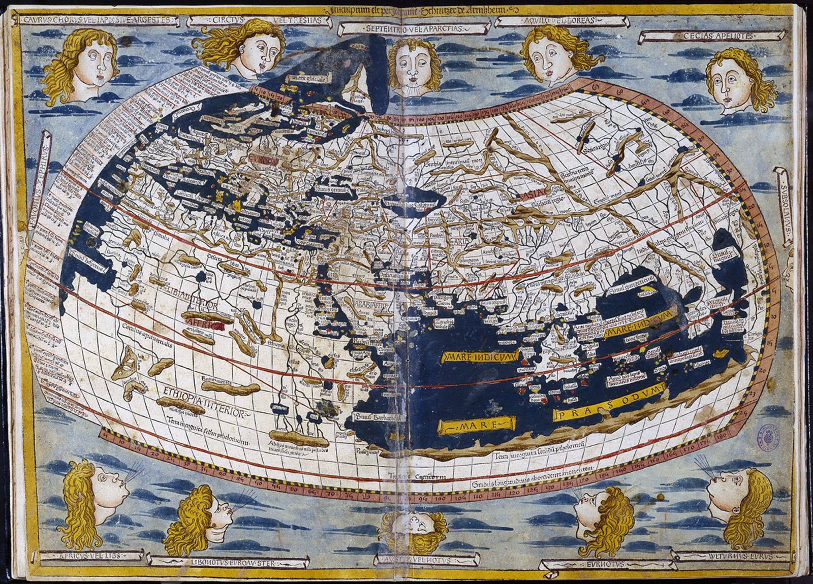 Mapa del mundo de Ptolomeo, datado en el siglo XV, y que fue robado en agosto de 2007 de la Biblioteca Nacional de Madrid, aunque fueron recuperados posteriormente.