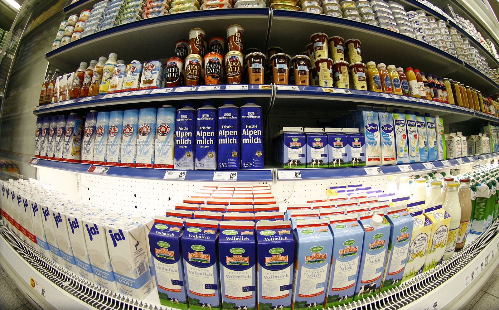 Dairy products are on display at a supermarket in Berlin