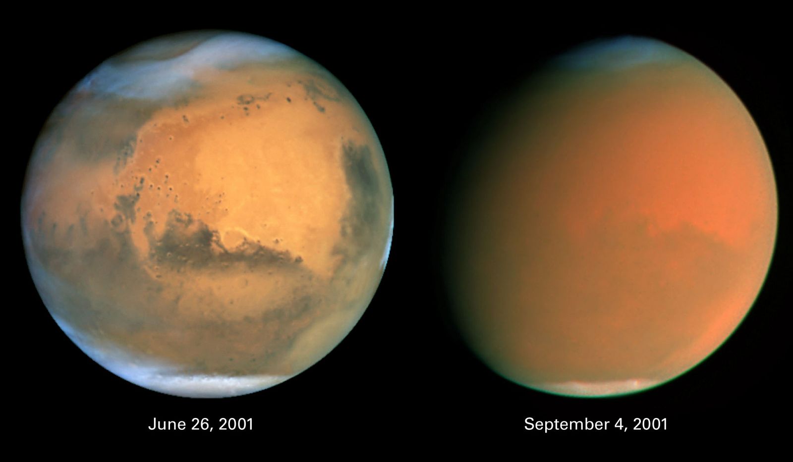 Las dos caras de Marte mostradas por la NASA tras una tormenta de polvo.