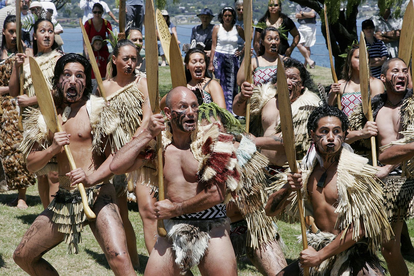 Guerreros maoríes de la tribu Tu Wharetoa ejecutan una danza de guerra