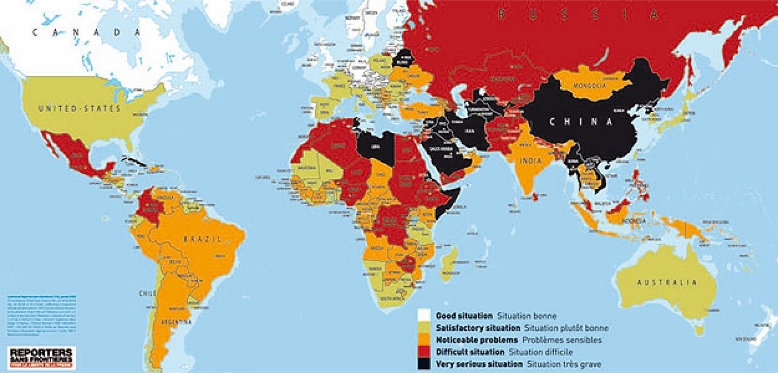 Mapa del informe de Reporteros sin Fronteras sobre la libertad de prensa, donde los países en blanco son los que mejor están y los en negro, los que peor.
